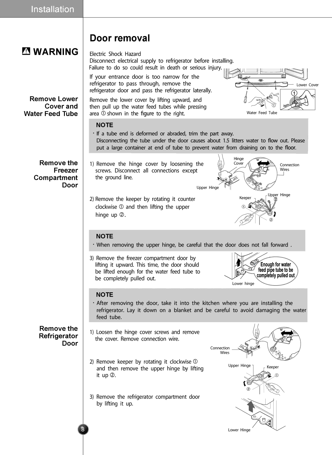 LG Electronics LSC27931** owner manual Door removal, Remove Lower Cover Water Feed Tube, Remove Freezer Compartment Door 