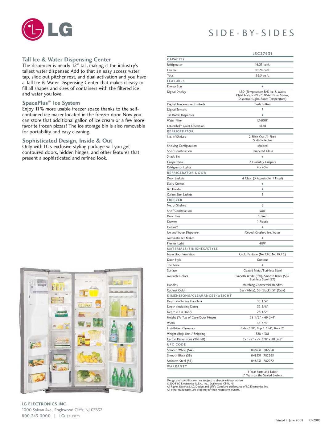 LG Electronics LSC27931SW Tall Ice & Water Dispensing Center, SpacePlus Ice System, Sophisticated Design, Inside & Out 