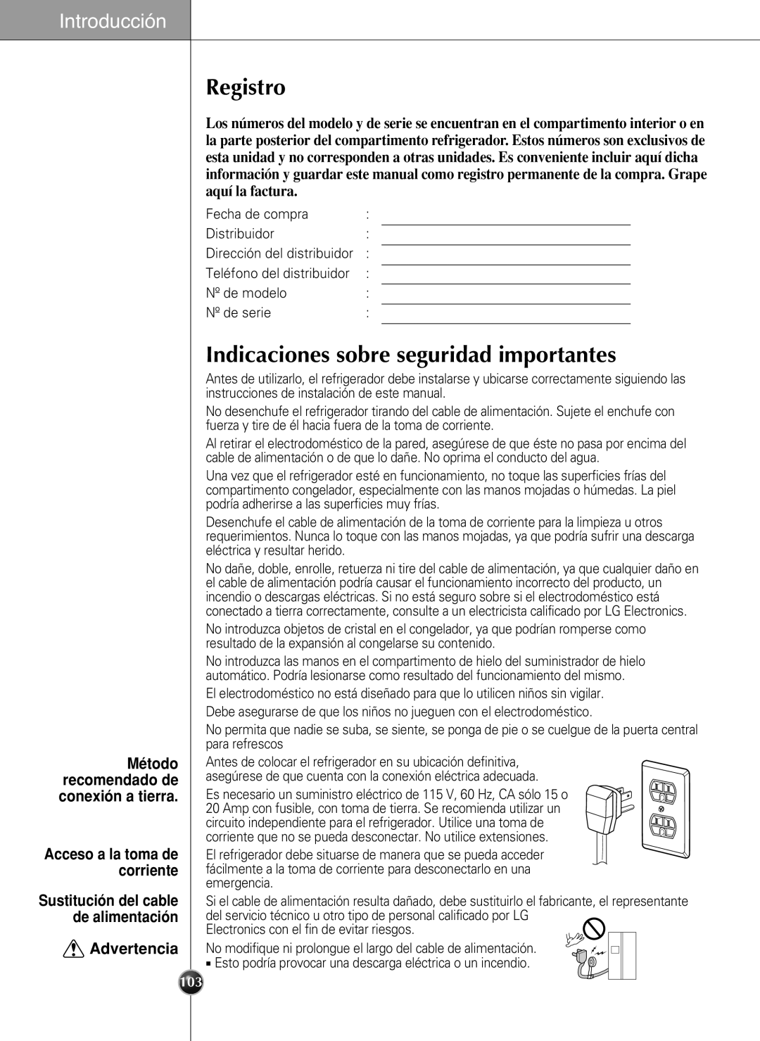 LG Electronics LSC27990TT manual Registro, Indicaciones sobre seguridad importantes, Advertencia 