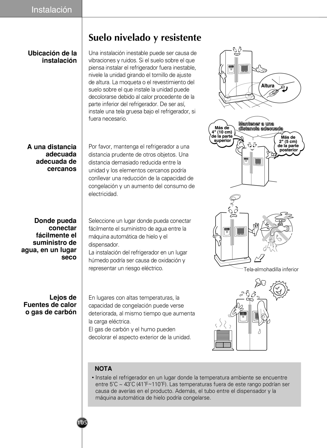 LG Electronics LSC27990TT manual Suelo nivelado y resistente, Una distancia adecuada adecuada de cercanos, Altura 