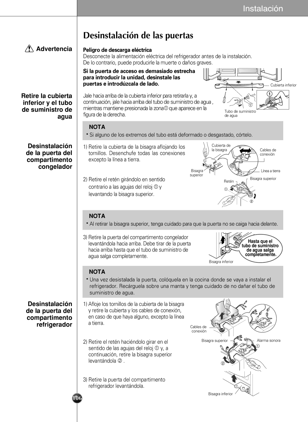 LG Electronics LSC27990TT manual Desinstalación de las puertas, De la puerta del compartimento congelador 