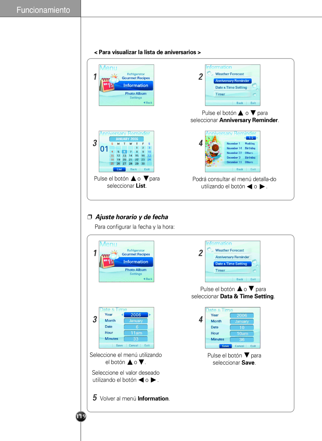 LG Electronics LSC27990TT manual Ajuste horario y de fecha, Para visualizar la lista de aniversarios 