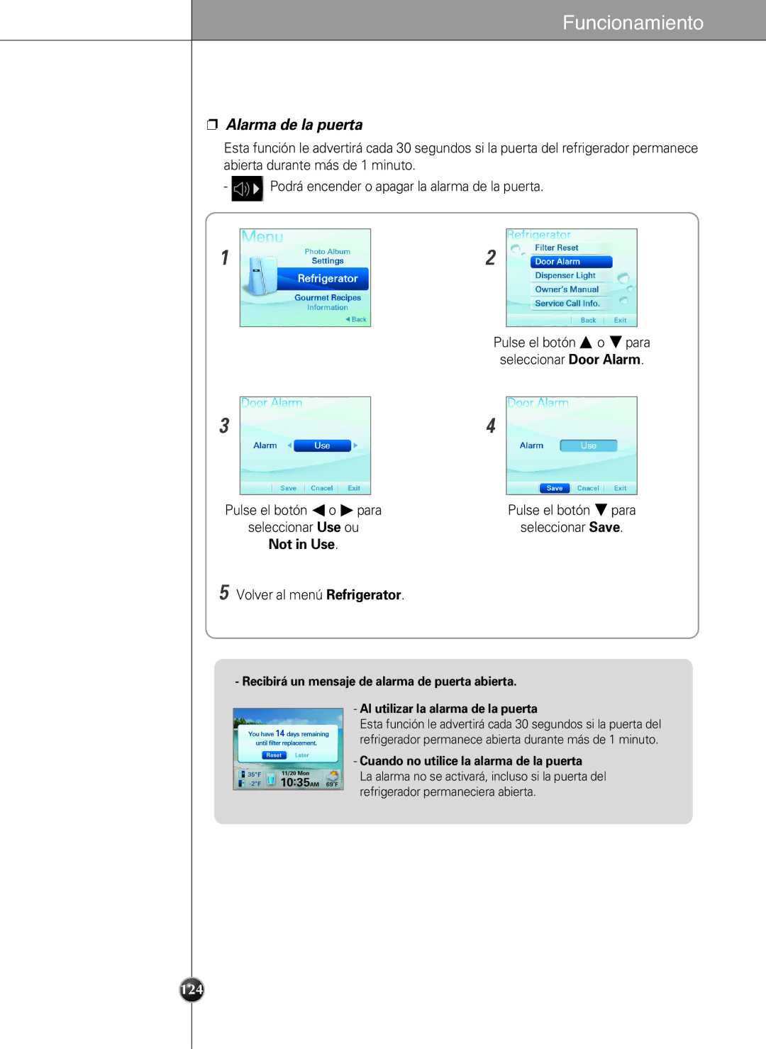 LG Electronics LSC27990TT manual Alarma de la puerta, Pulse el botón o para Pulse el botón para 