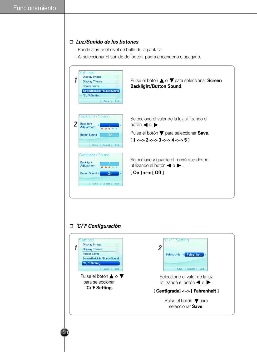 LG Electronics LSC27990TT manual Luz/Sonido de los botones, ˚C/˚F Configuración, Pulse el botón o para seleccionar 