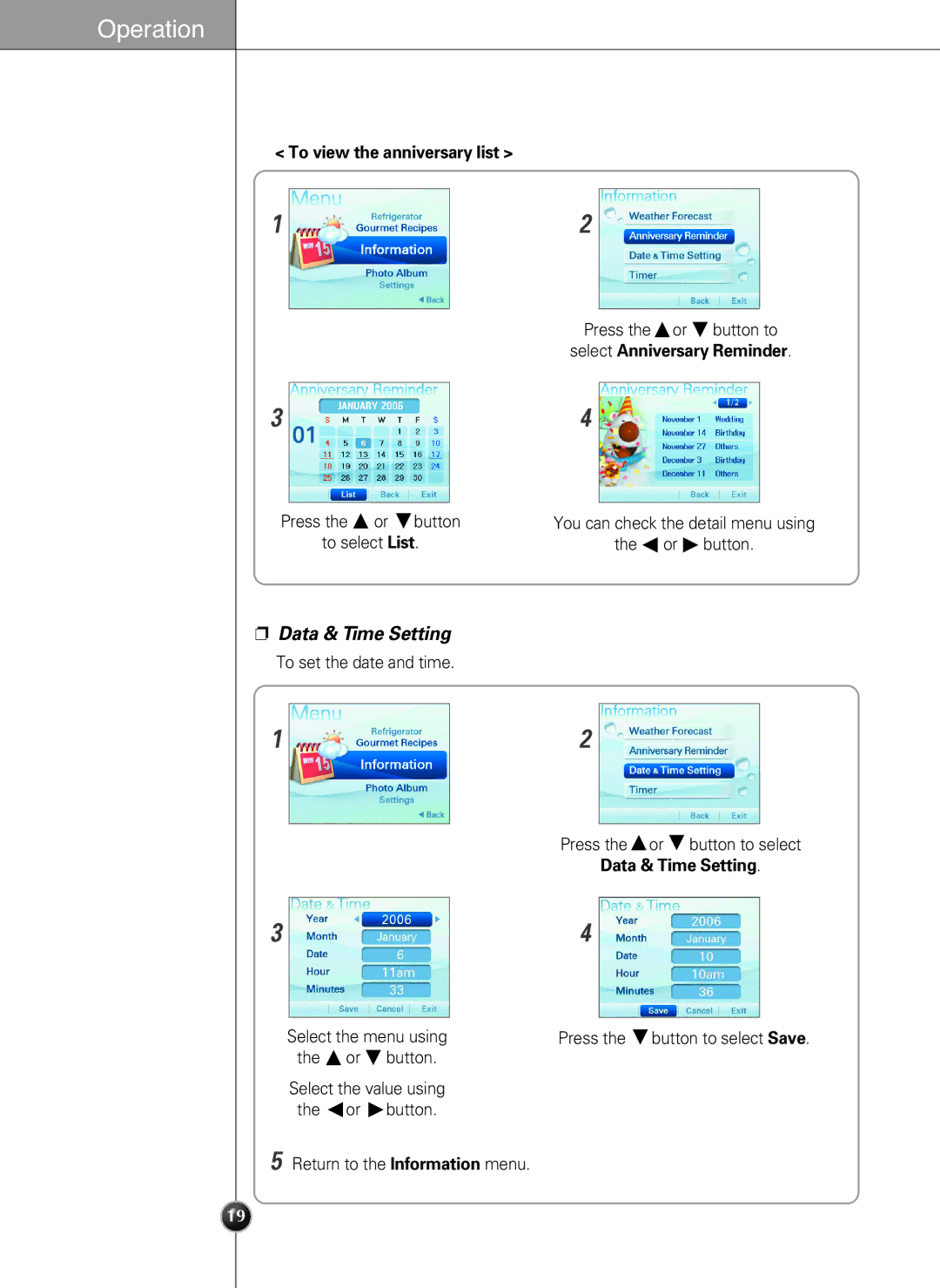 LG Electronics LSC27990TT manual Data & Time Setting, To view the anniversary list, Press the button to select Save 