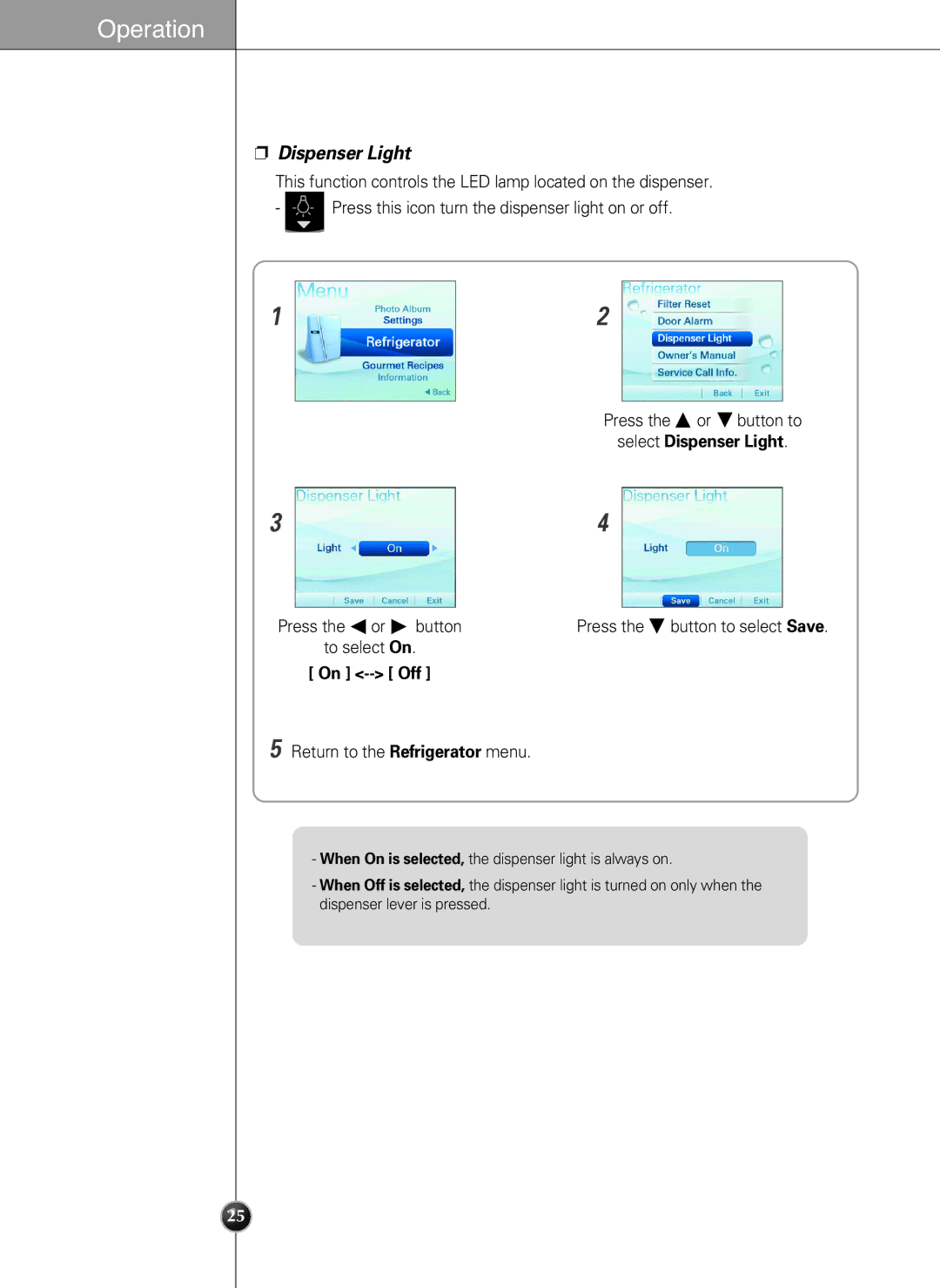 LG Electronics LSC27990TT manual Select Dispenser Light, On -- Off 