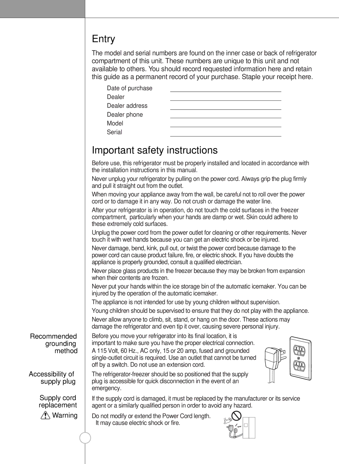 LG Electronics LSC27990TT manual Entry, Important safety instructions 