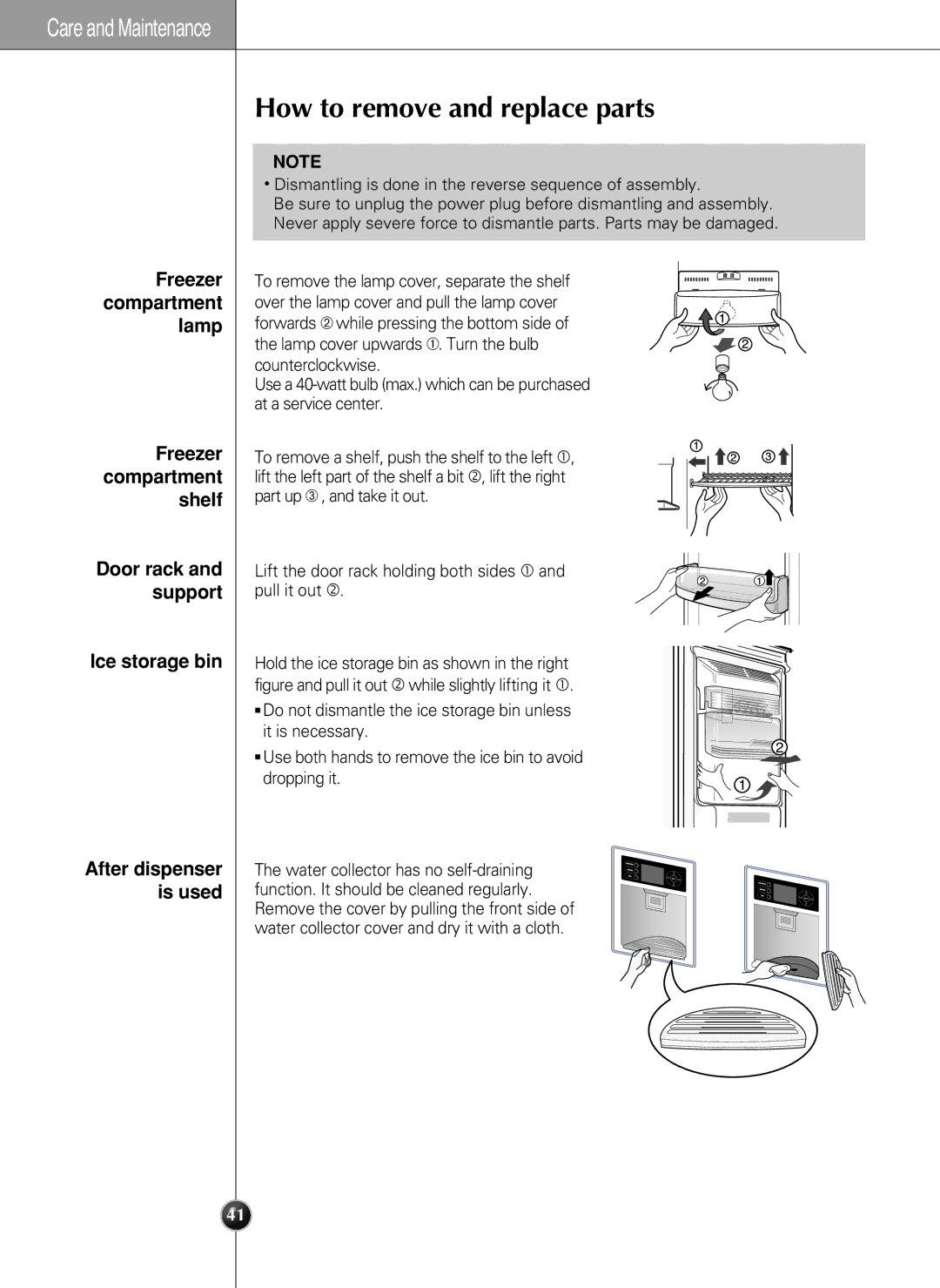 LG Electronics LSC27990TT manual How to remove and replace parts, Freezer compartment lamp, Ice storage bin 