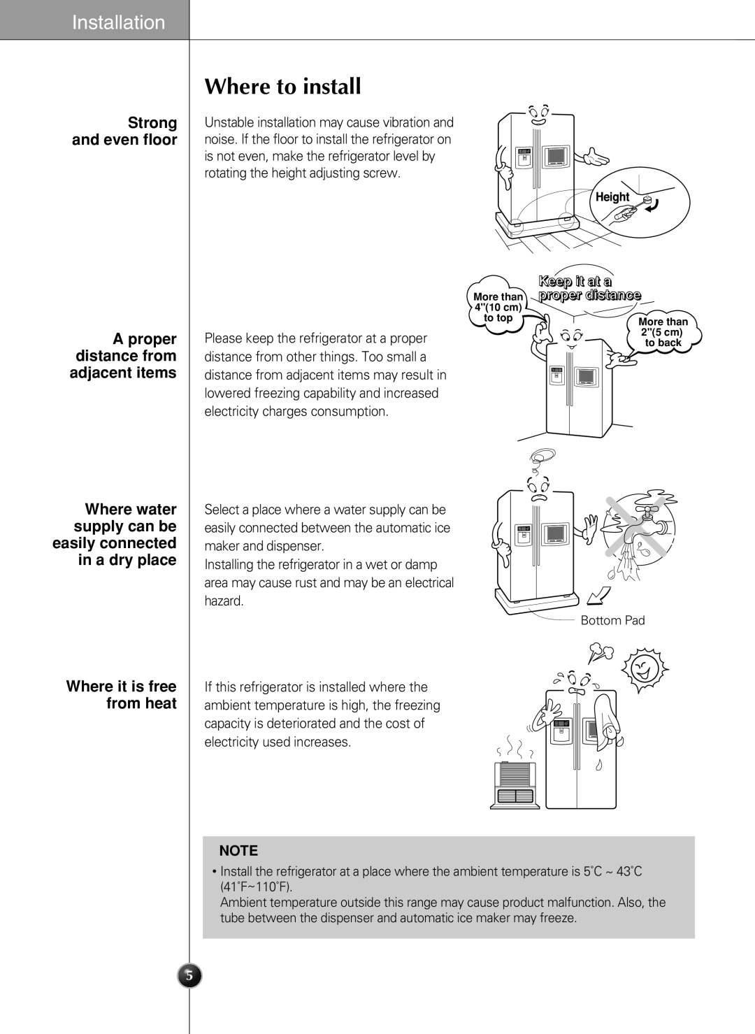 LG Electronics LSC27990TT manual Where to install, Strong, Unstable installation may cause vibration, Even floor 