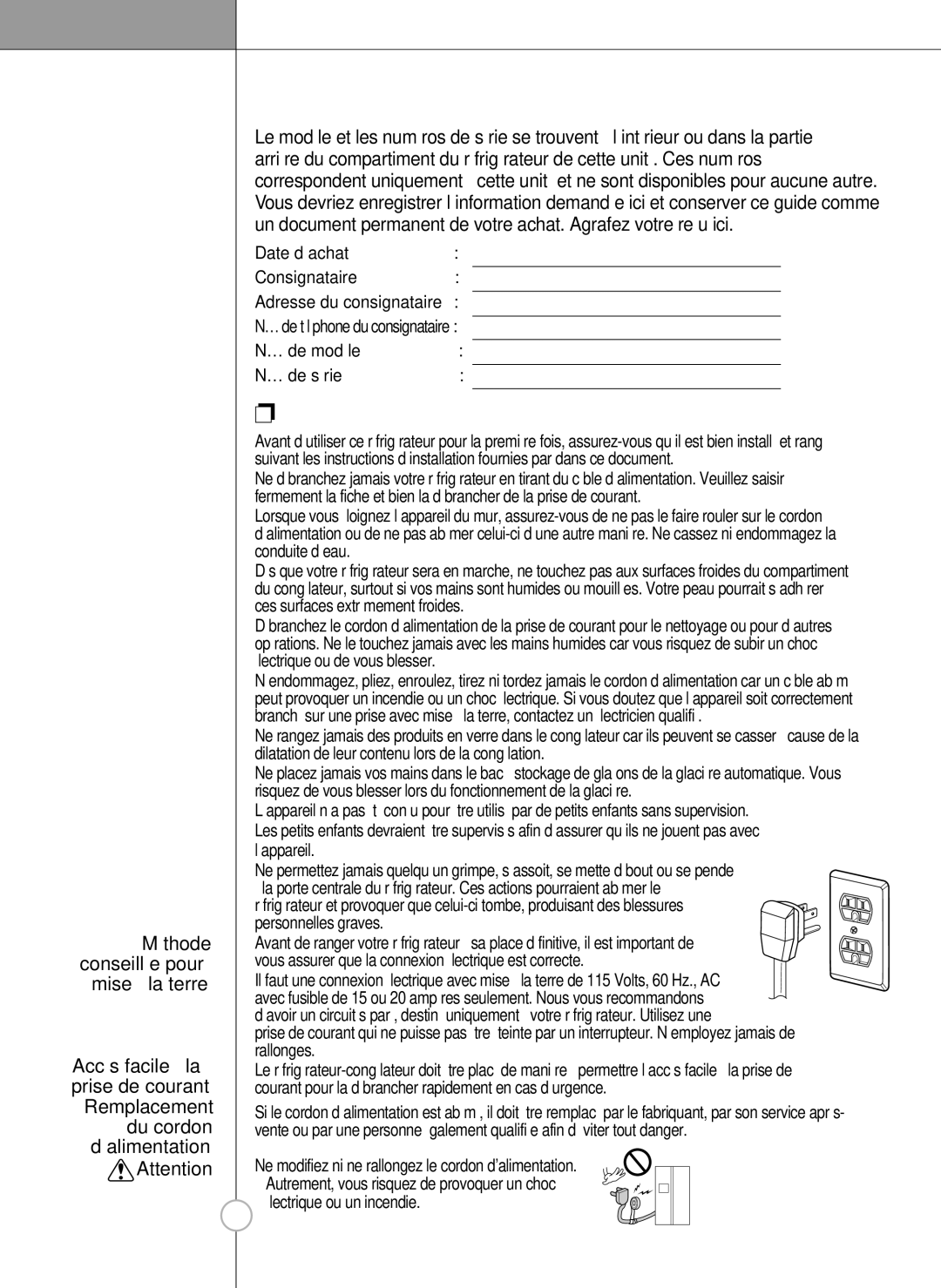 LG Electronics LSC27990TT manual Enregistrement, Instructions de sécurité importantes 