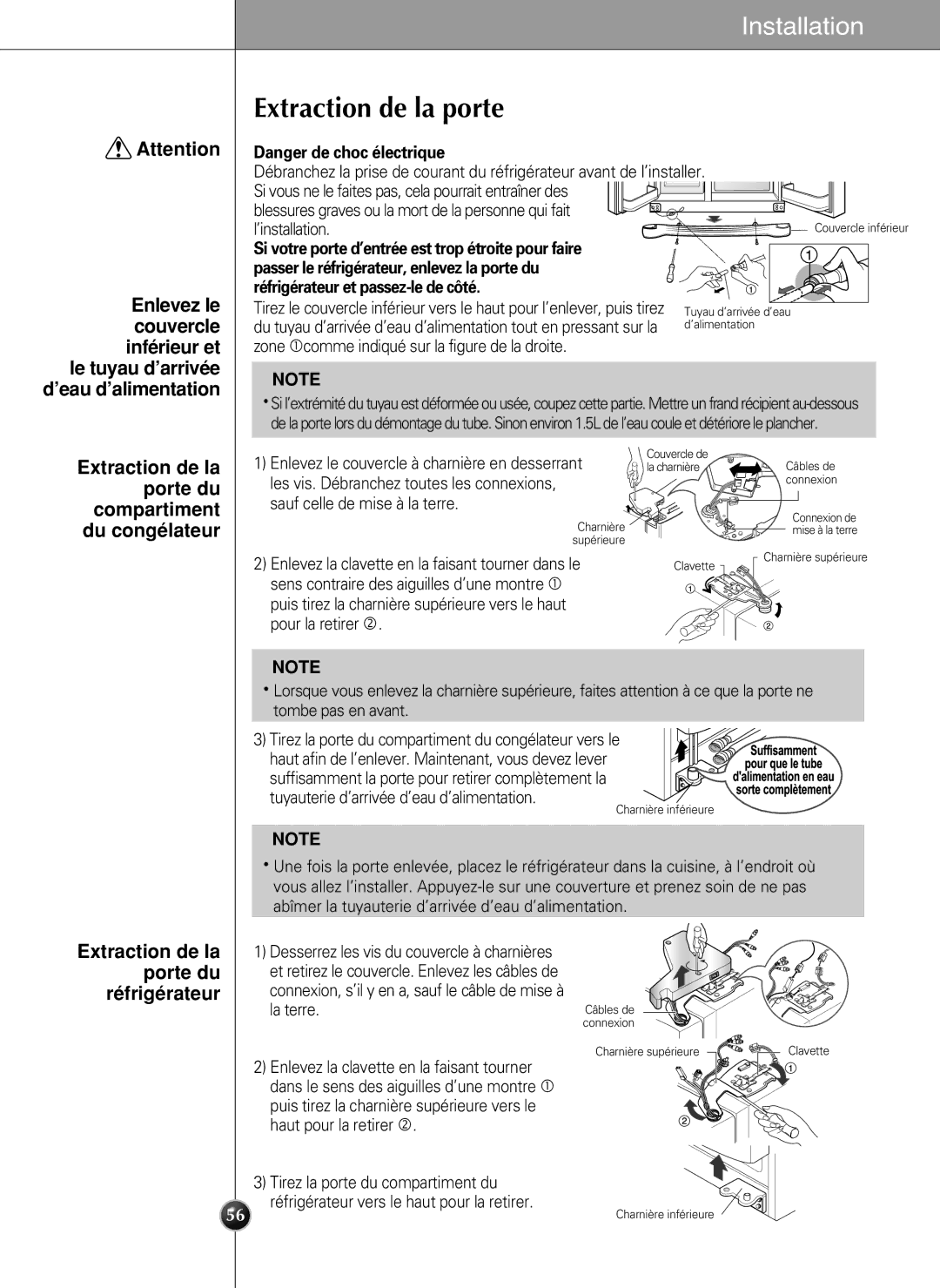LG Electronics LSC27990TT manual Extraction de la porte du réfrigérateur, ’installation 