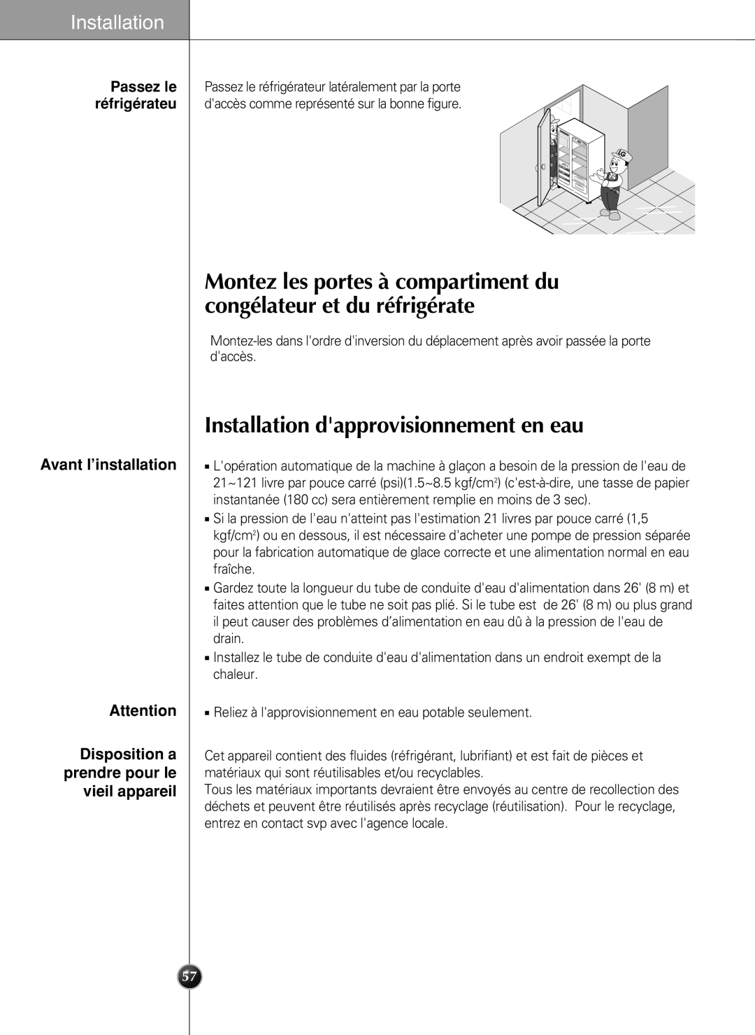 LG Electronics LSC27990TT manual Installation dapprovisionnement en eau 