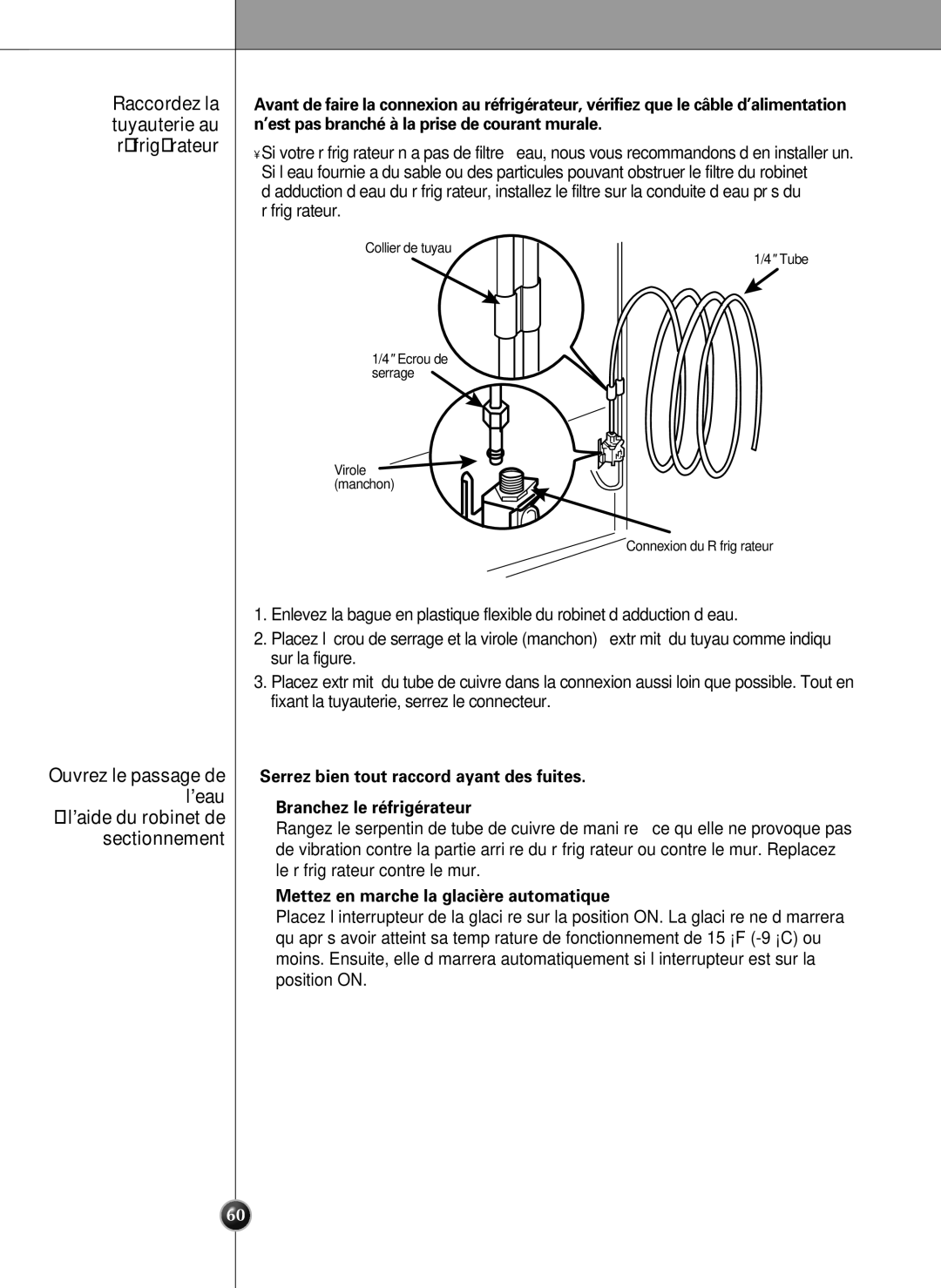 LG Electronics LSC27990TT manual ConnexionduRéfrigérateur, Mettez en marche la glacière automatique 