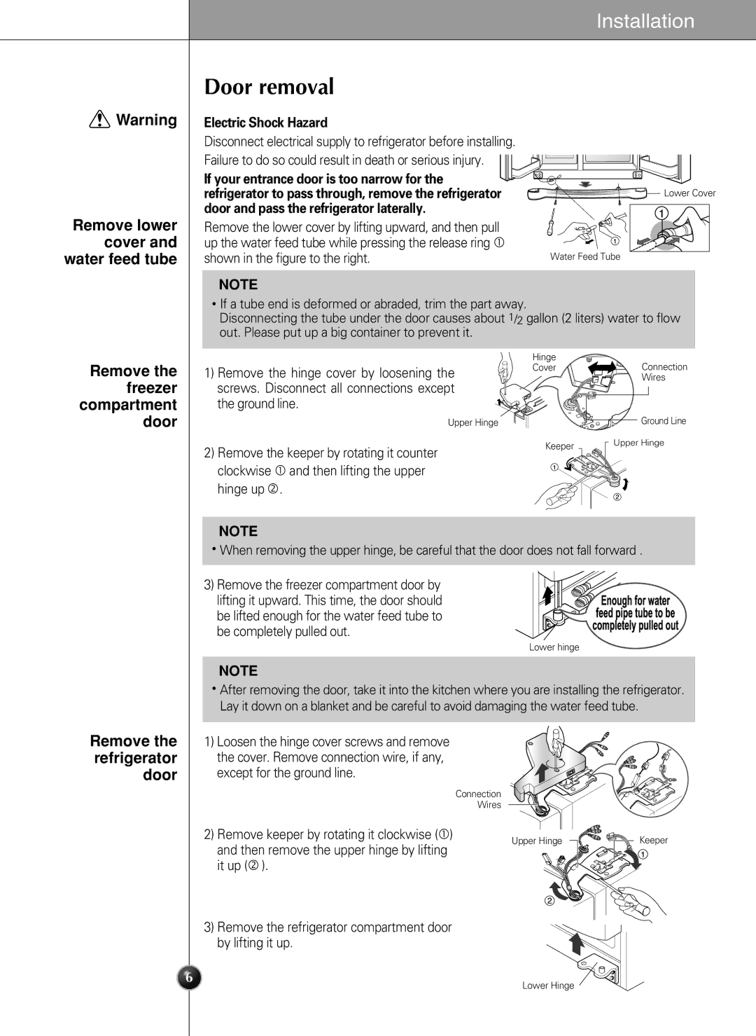 LG Electronics LSC27990TT manual Door removal, Remove lower cover and water feed tube, Remove the freezer compartment door 