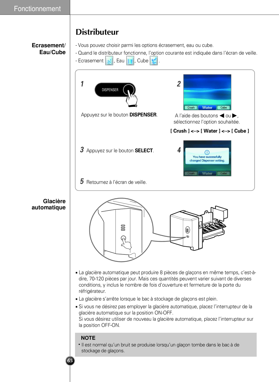 LG Electronics LSC27990TT manual Distributeur, Eau/Cube, Glacière automatique, Ecrasement, Crush -- Water -- Cube 