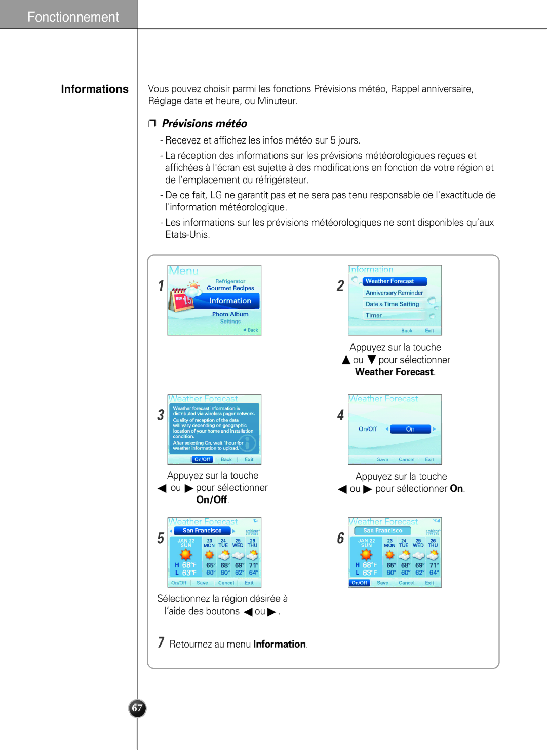 LG Electronics LSC27990TT Prévisions météo, Appuyez sur la touche, Ou pour sélectionner Ou pour sélectionner On, On/Off 