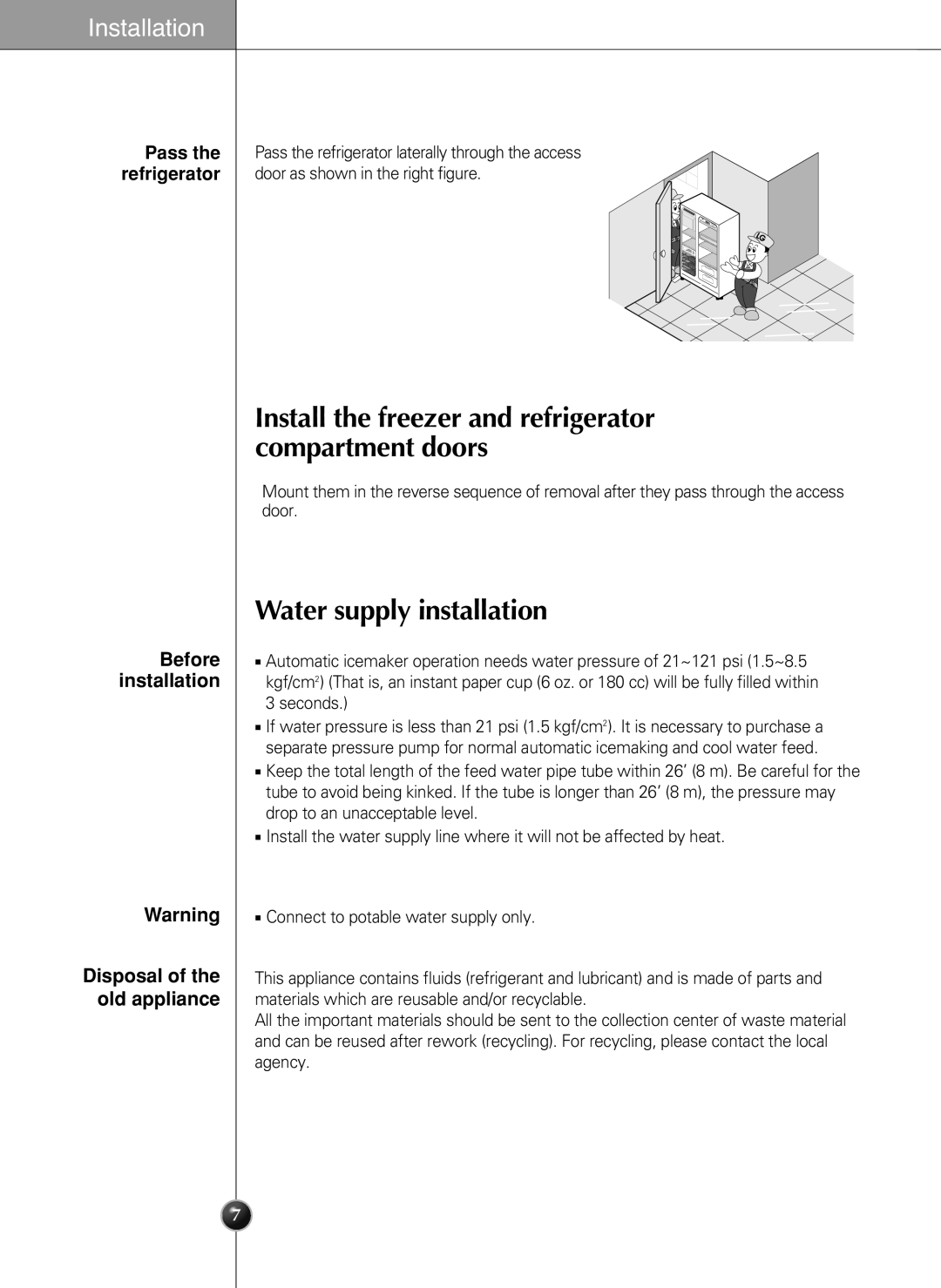 LG Electronics LSC27990TT manual Water supply installation, Disposal of the old appliance, Before installation 