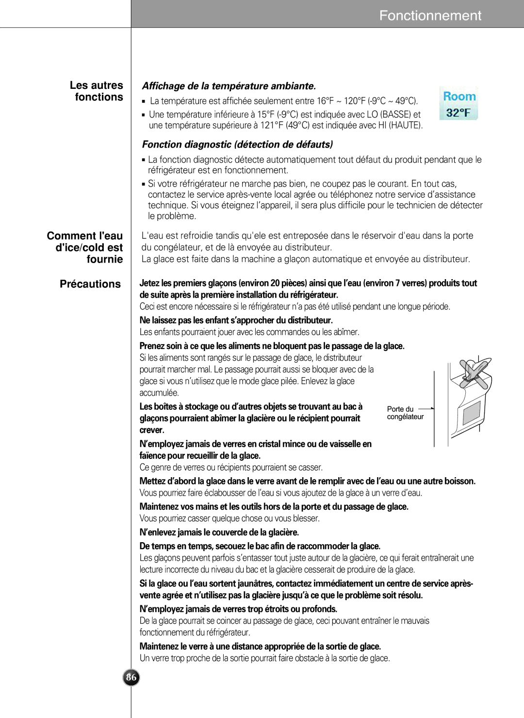 LG Electronics LSC27990TT manual Comment leau dice/cold est fournie Précautions, Les autres fonctions 