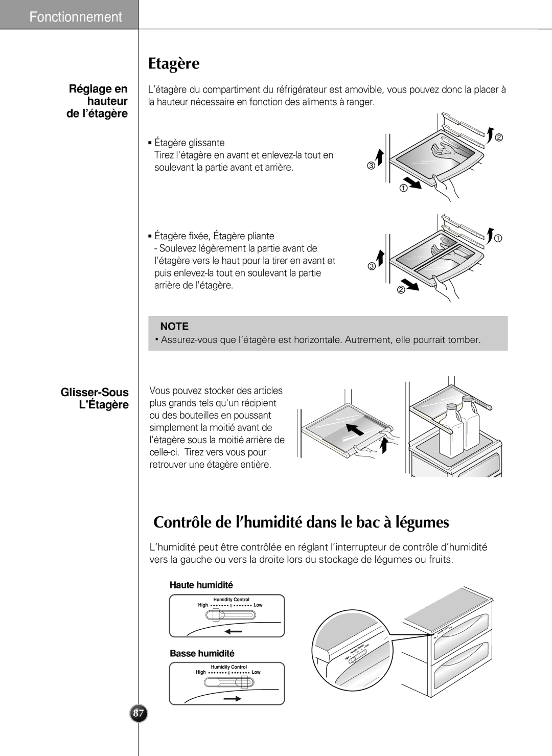 LG Electronics LSC27990TT manual Etagère, Contrôle de l’humidité dans le bac à légumes, De l’étagère, Glisser-Sous LÉtagère 