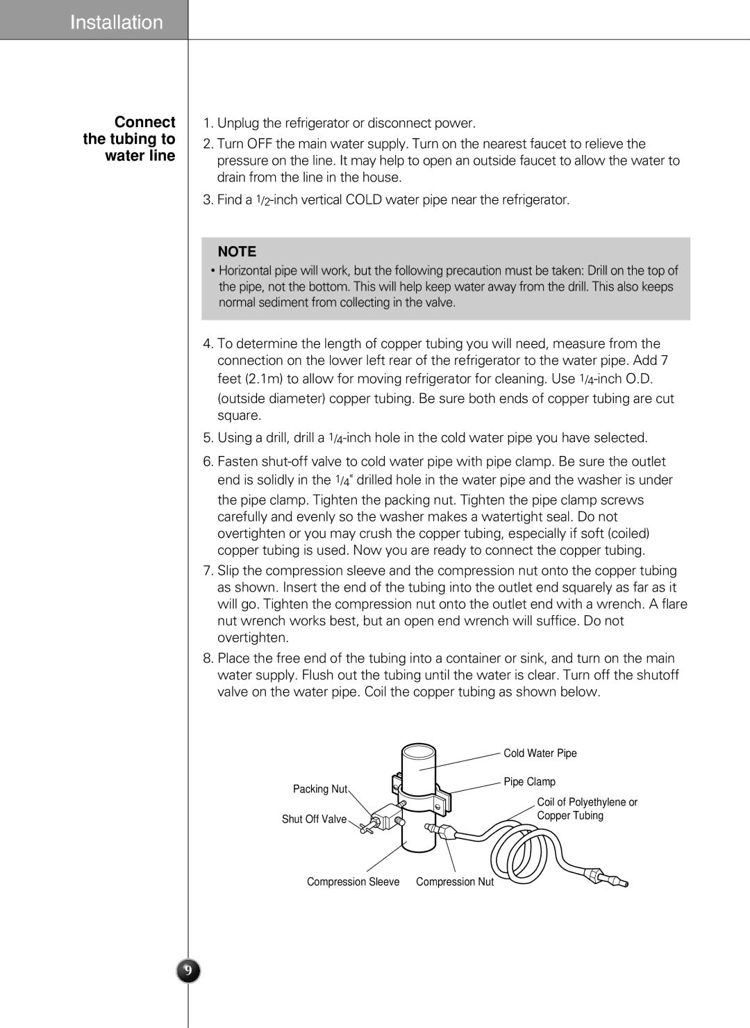 LG Electronics LSC27990TT manual ColdWterPipe, Connect the tubing to water line 