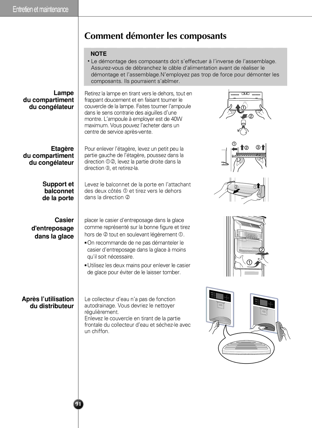 LG Electronics LSC27990TT manual Comment démonter les composants, Lampe du compartiment du congélateur 