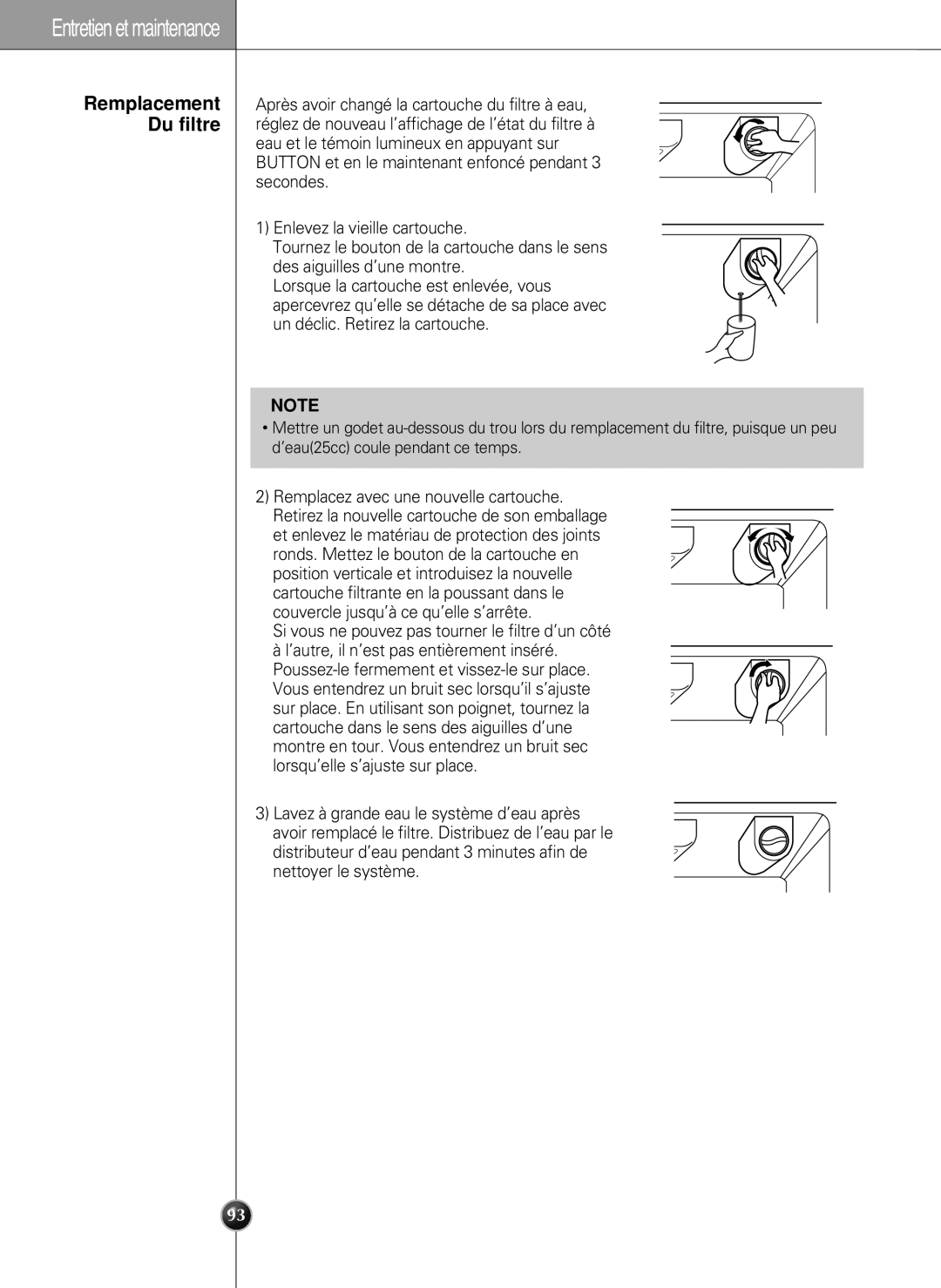 LG Electronics LSC27990TT manual Remplacement Du filtre 