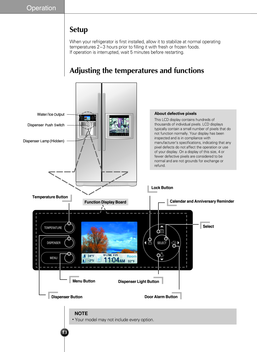 LG Electronics LSC27990TT Hidden, Setup, Adjusting the temperatures and functions, Operation, TemperatureButton, Dispenser 