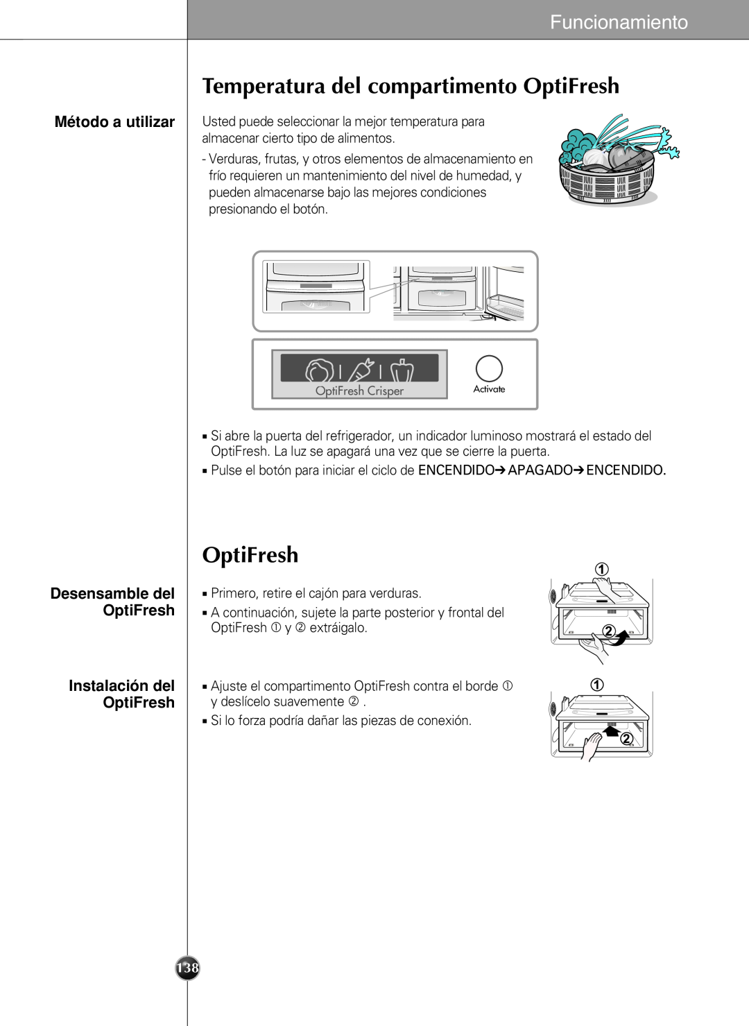 LG Electronics LSC27990TT manual Temperatura del compartimento OptiFresh, Instalación del OptiFresh, Funcionamiento 