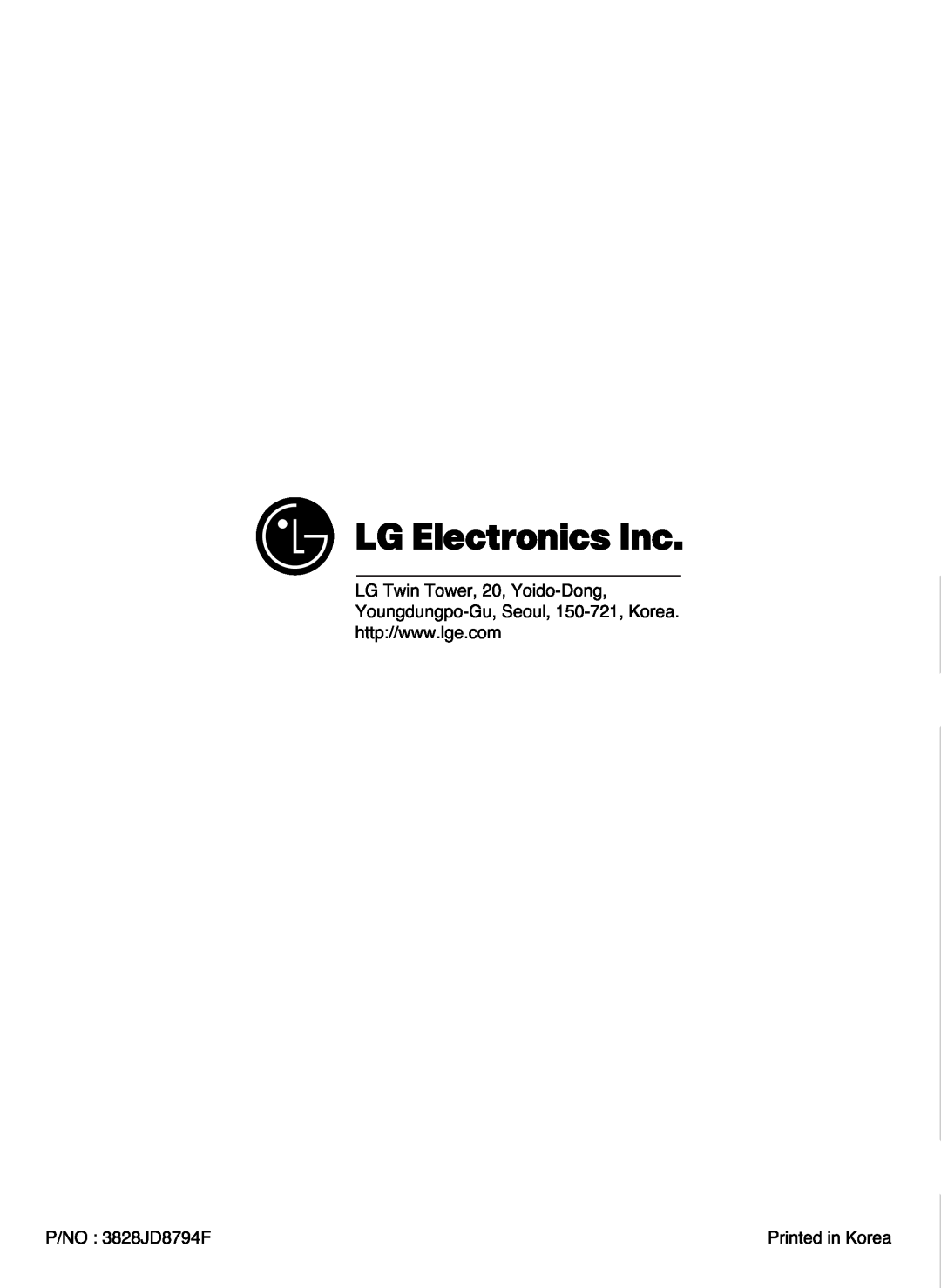 LG Electronics LSC27990TT LGYoungdungpoTwinTower,-Gu,20,SeYidooul,150-Dong,-721,Korea, P/NO3828JD8794F, PrintedinKorea 