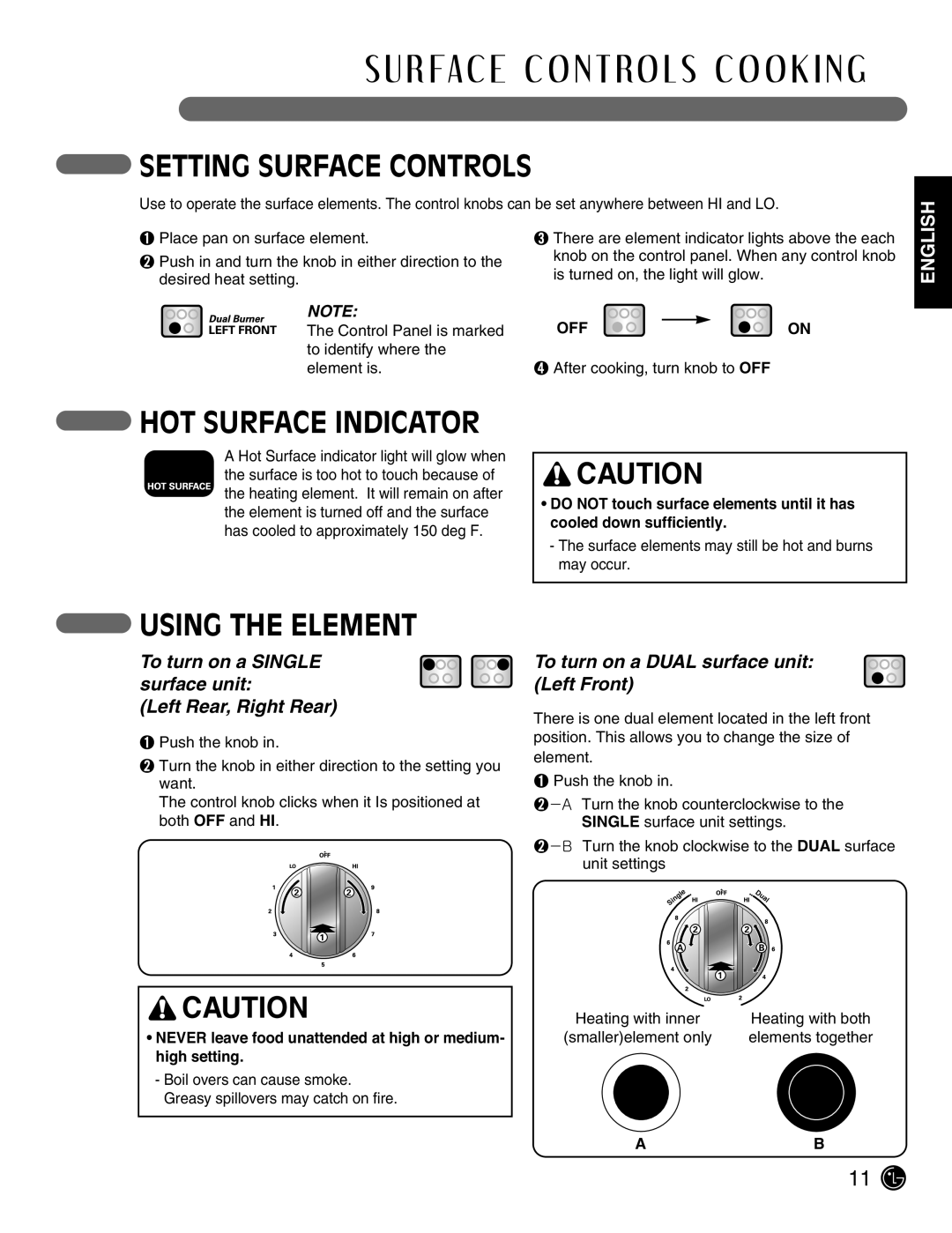 LG Electronics LSE3092ST manual Setting Surface Controls, HOT Surface Indicator, Using the Element 