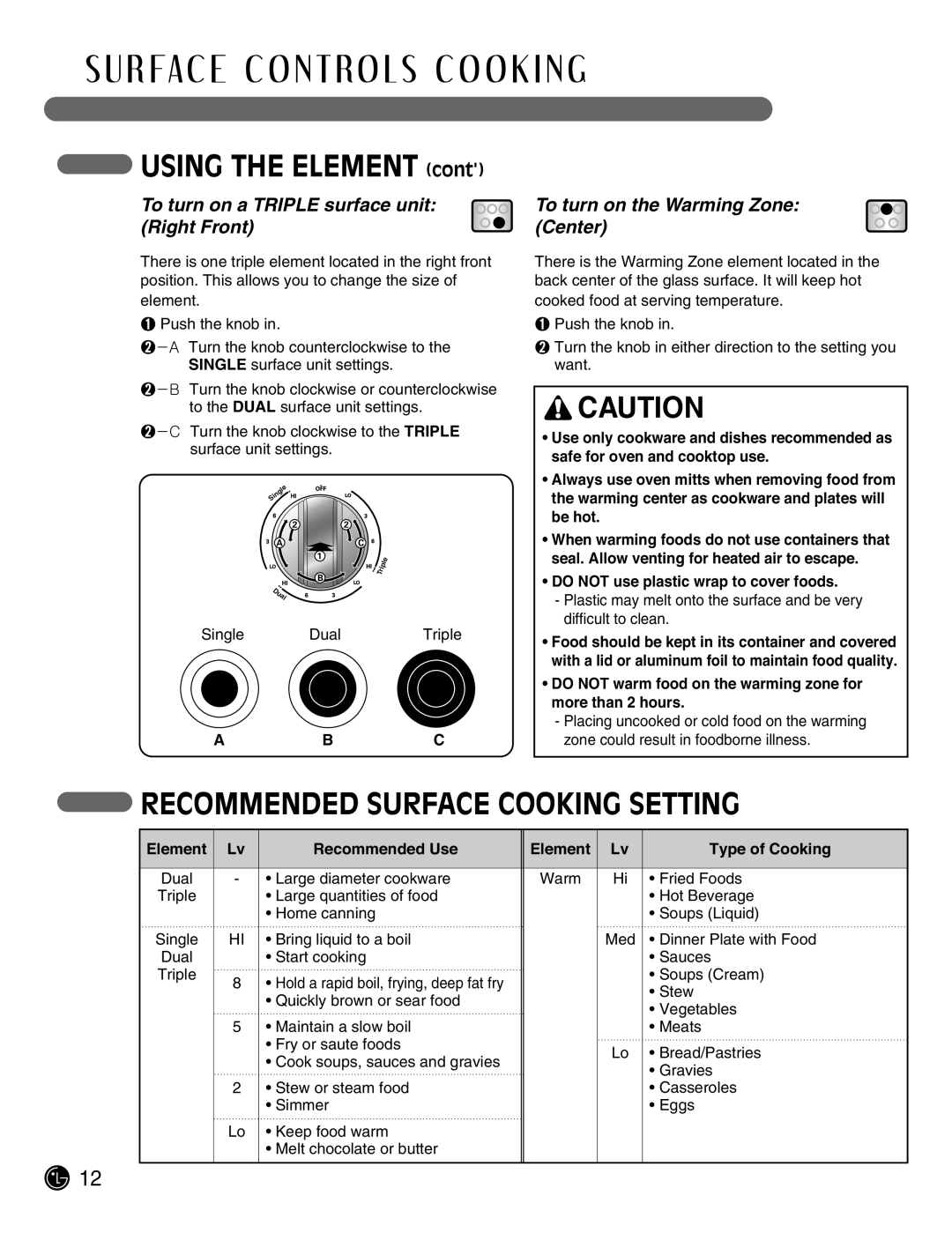 LG Electronics LSE3092ST Using the Element, Recommended Surface Cooking Setting, To turn on the Warming Zone Center, Abc 