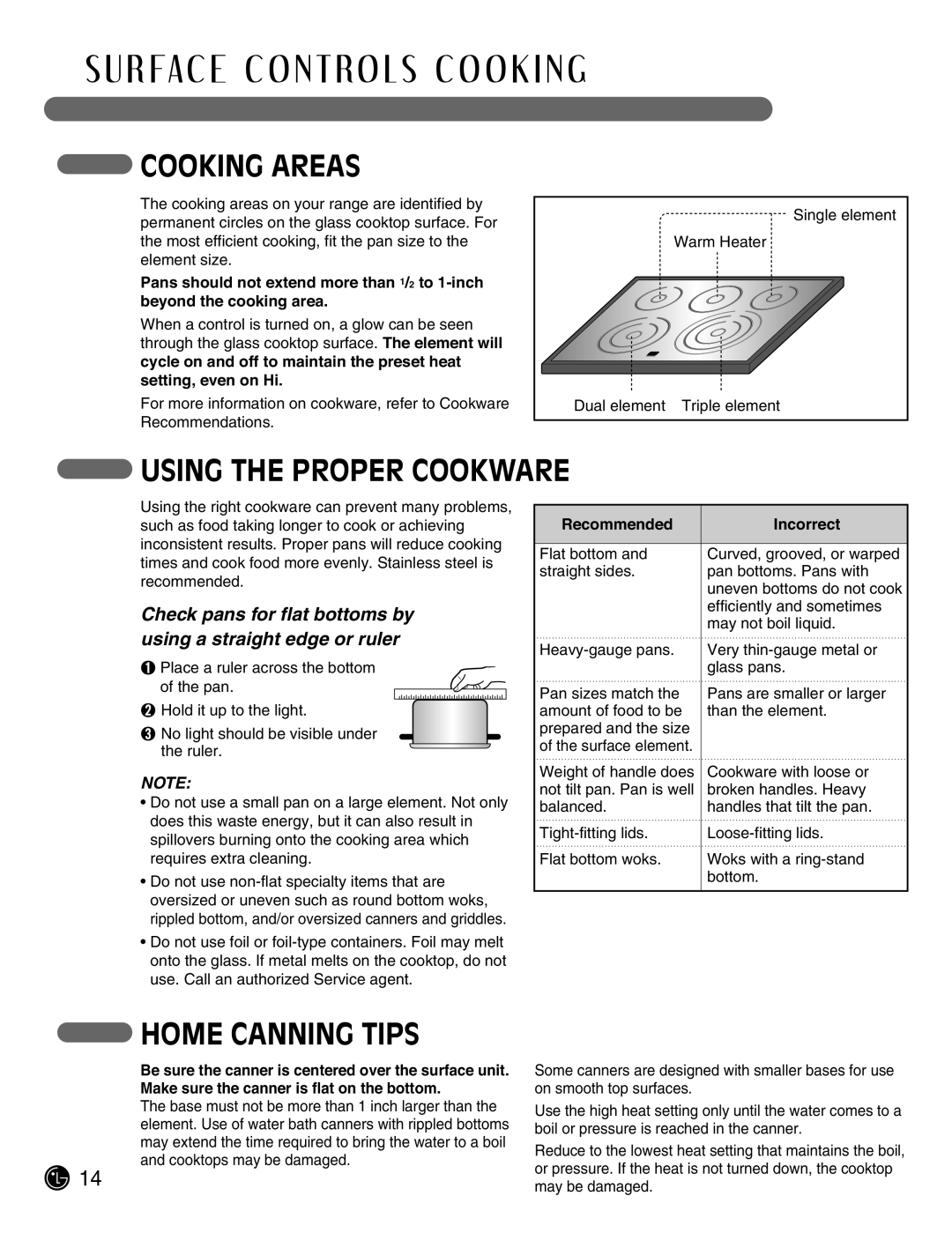 LG Electronics LSE3092ST manual Cooking Areas, Using the Proper Cookware, Home Canning Tips, Recommended Incorrect 