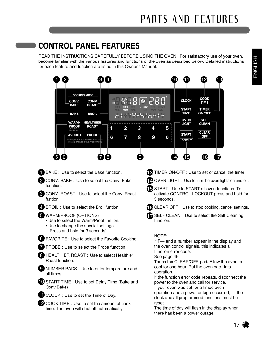 LG Electronics LSE3092ST manual Control Panel Features, WARM/PROOF Options 