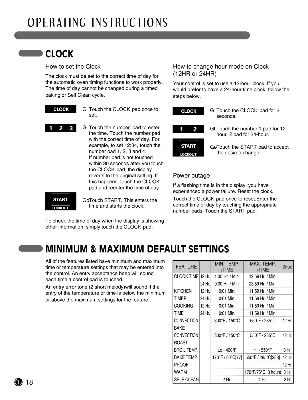 LG Electronics LSE3092ST manual E R At I N G I N S T R U C T I O N S, Clock, Minimum & Maximum Default Settings 