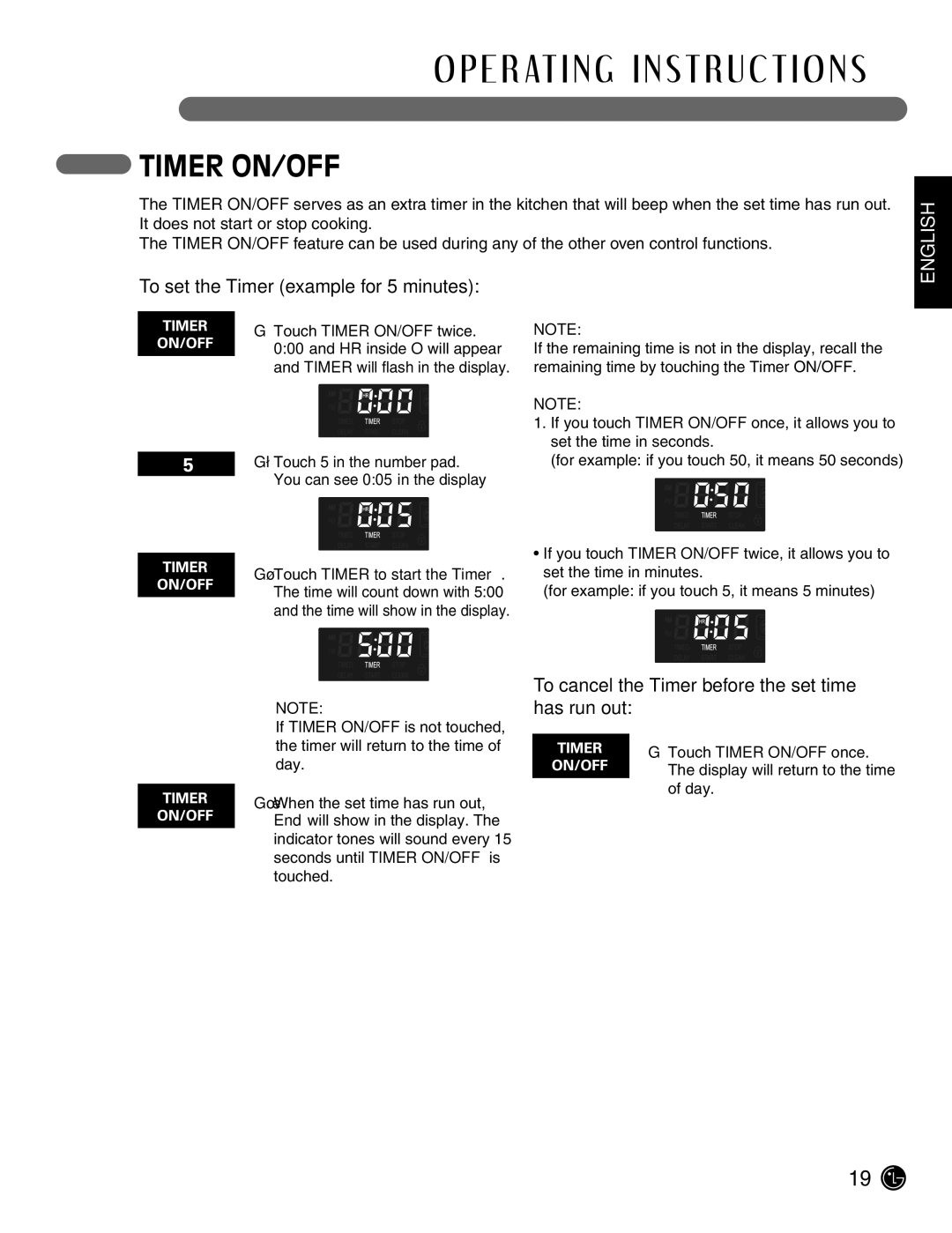 LG Electronics LSE3092ST manual Timer ON/OFF, To set the Timer example for 5 minutes 