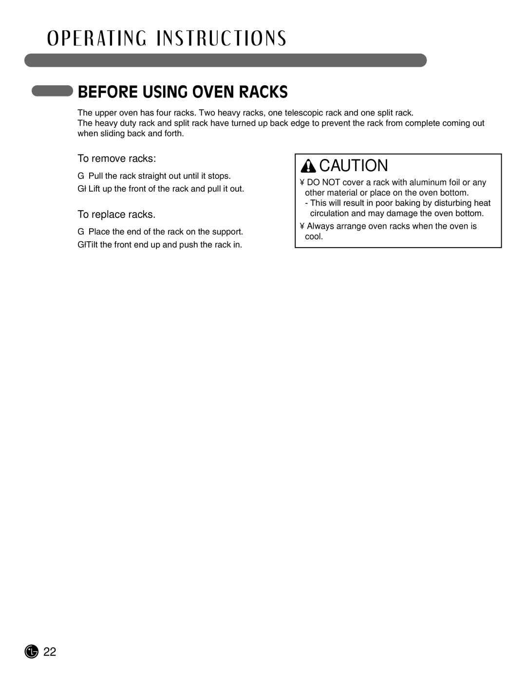 LG Electronics LSE3092ST manual Before Using Oven Racks, To remove racks, To replace racks 