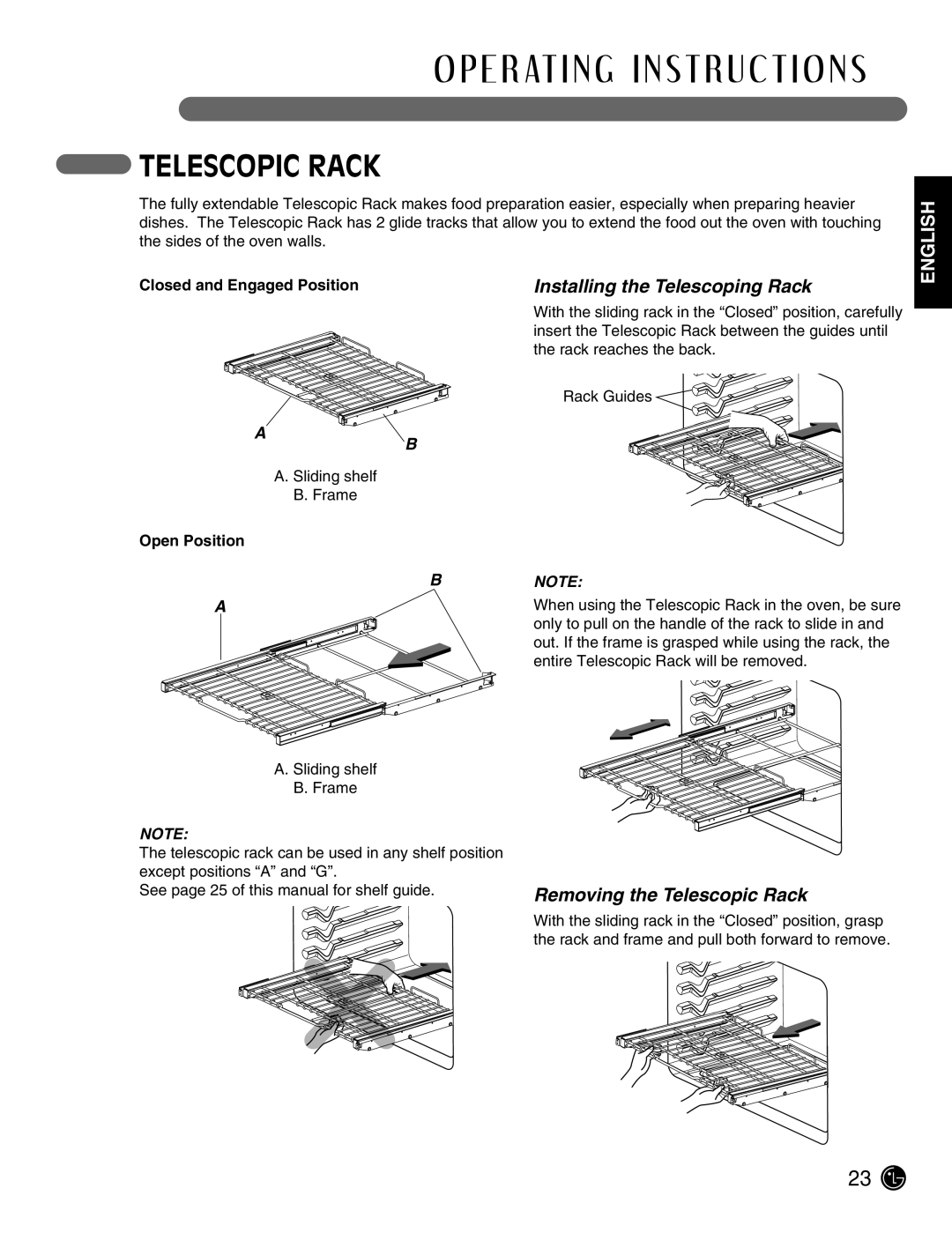 LG Electronics LSE3092ST Installing the Telescoping Rack, Removing the Telescopic Rack, Closed and Engaged Position 