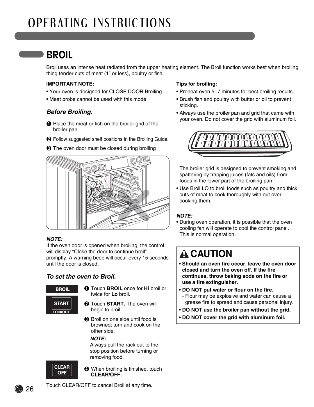 LG Electronics LSE3092ST manual Before Broiling, To set the oven to Broil, Important Note, Clear/Off 