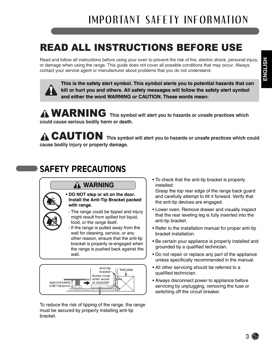 LG Electronics LSE3092ST manual Read ALL Instructions Before USE, Safety Precautions 