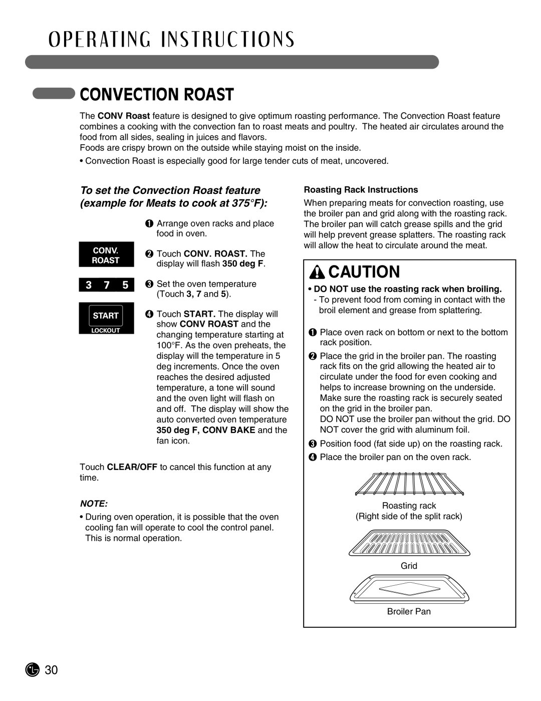 LG Electronics LSE3092ST Convection Roast, Touch CONV. ROAST. The display will flash 350 deg F, Roasting Rack Instructions 