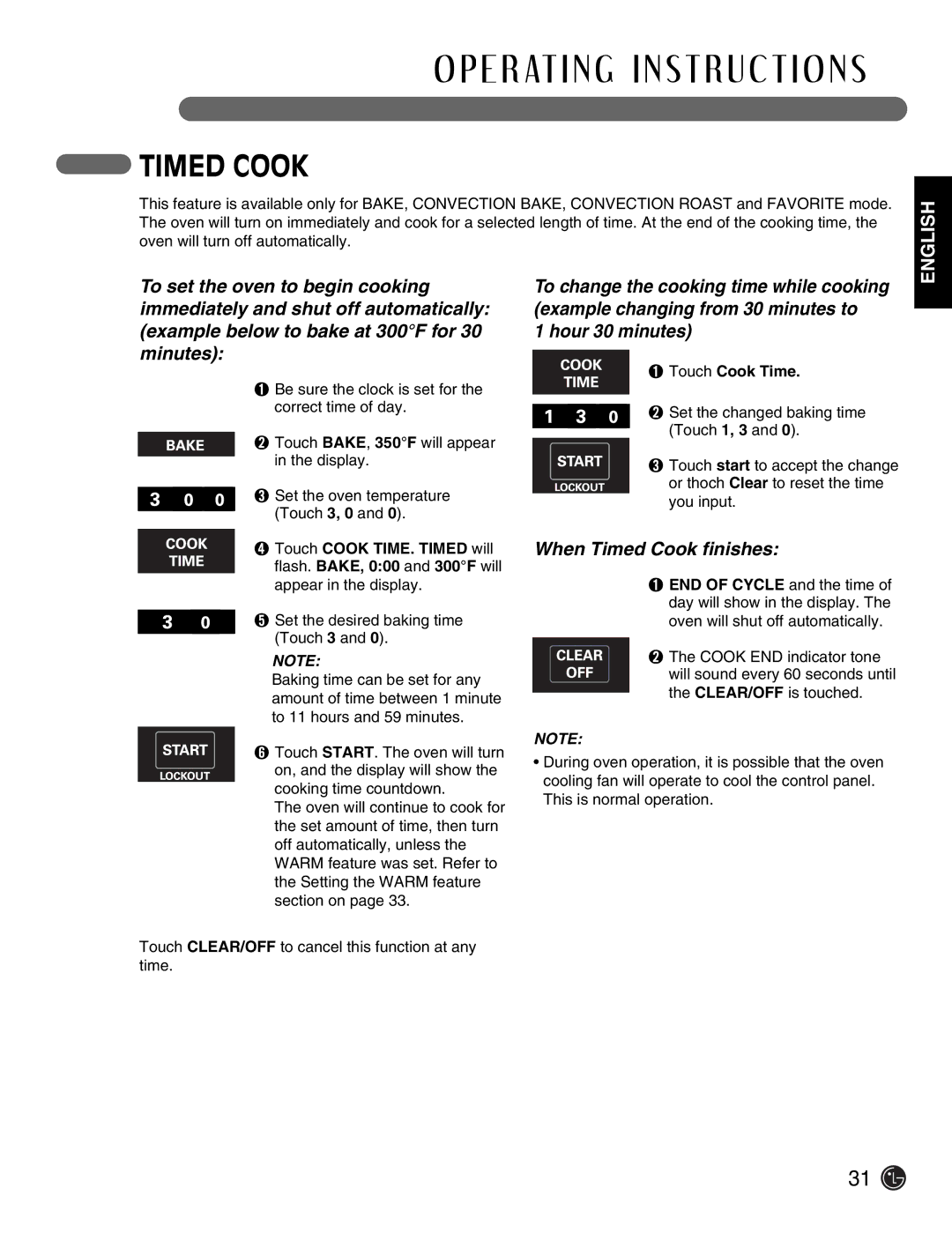 LG Electronics LSE3092ST manual Hour 30 minutes, When Timed Cook finishes, Touch Cook Time 