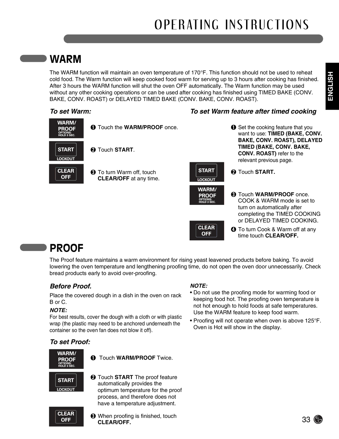 LG Electronics LSE3092ST manual To set Warm To set Warm feature after timed cooking, Before Proof, To set Proof 