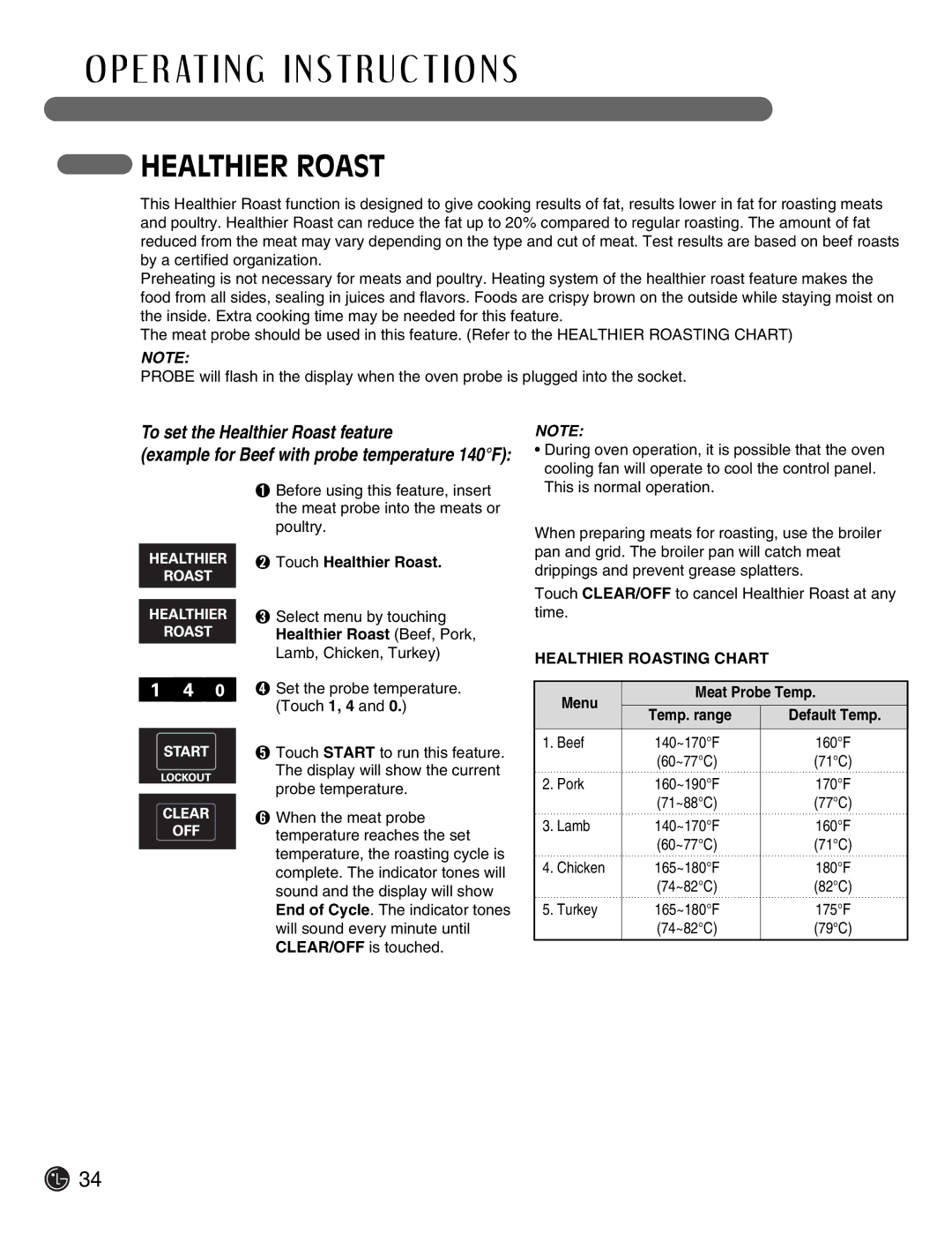 LG Electronics LSE3092ST manual To set the Healthier Roast feature, Healthier Roasting Chart 