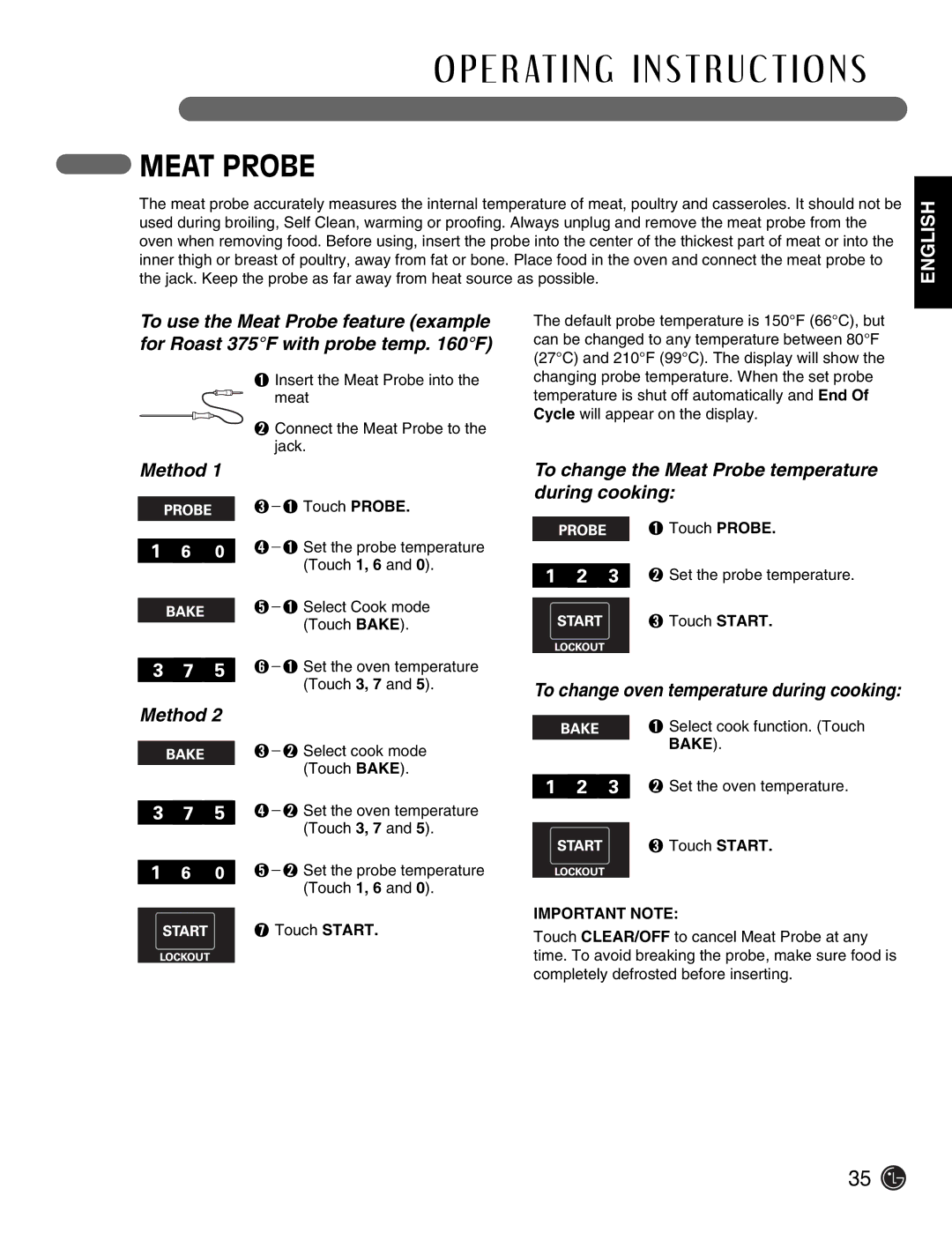 LG Electronics LSE3092ST manual Method, To change the Meat Probe temperature during cooking, Bake 