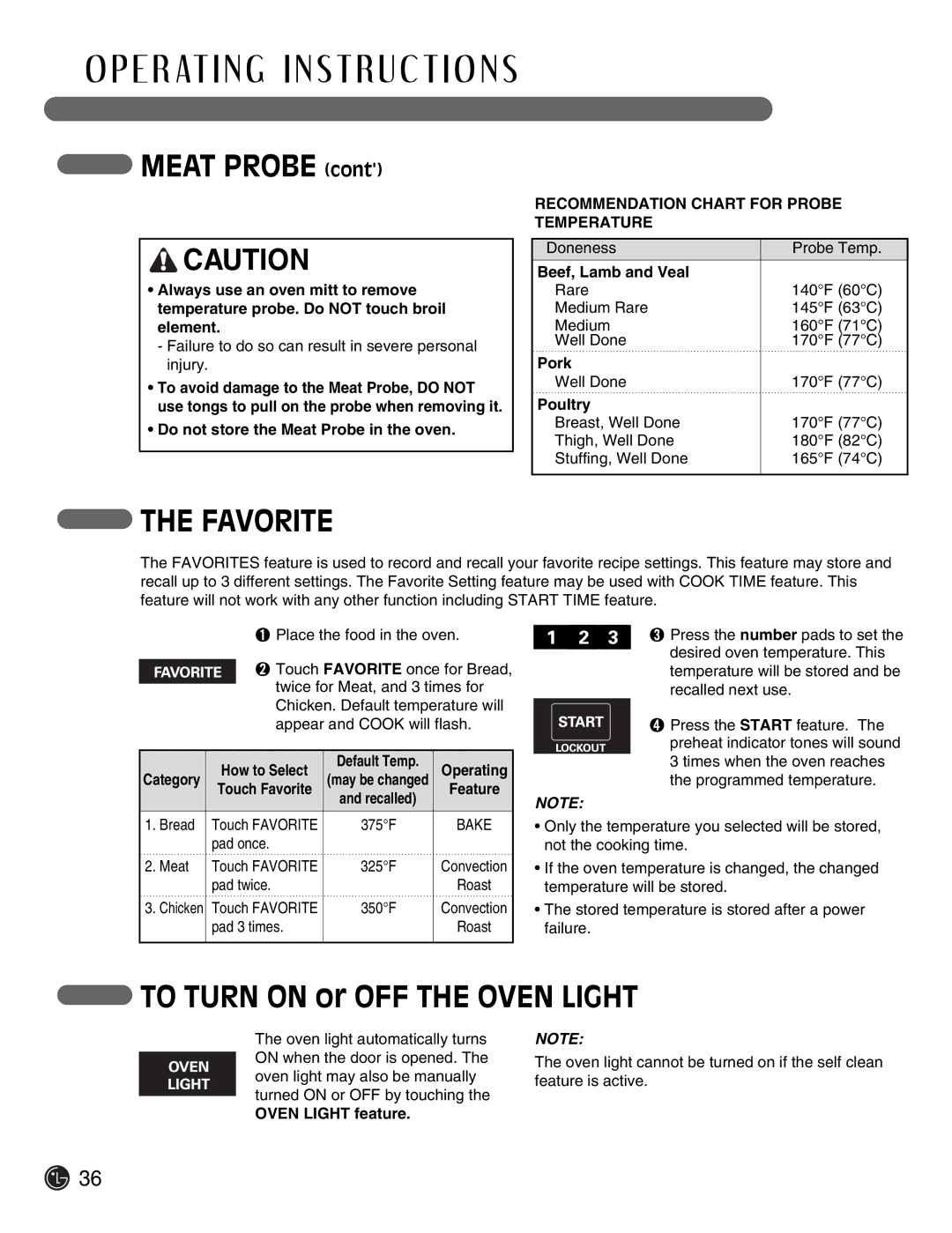 LG Electronics LSE3092ST manual Meat Probe, Favorite, To Turn on or OFF the Oven Light 