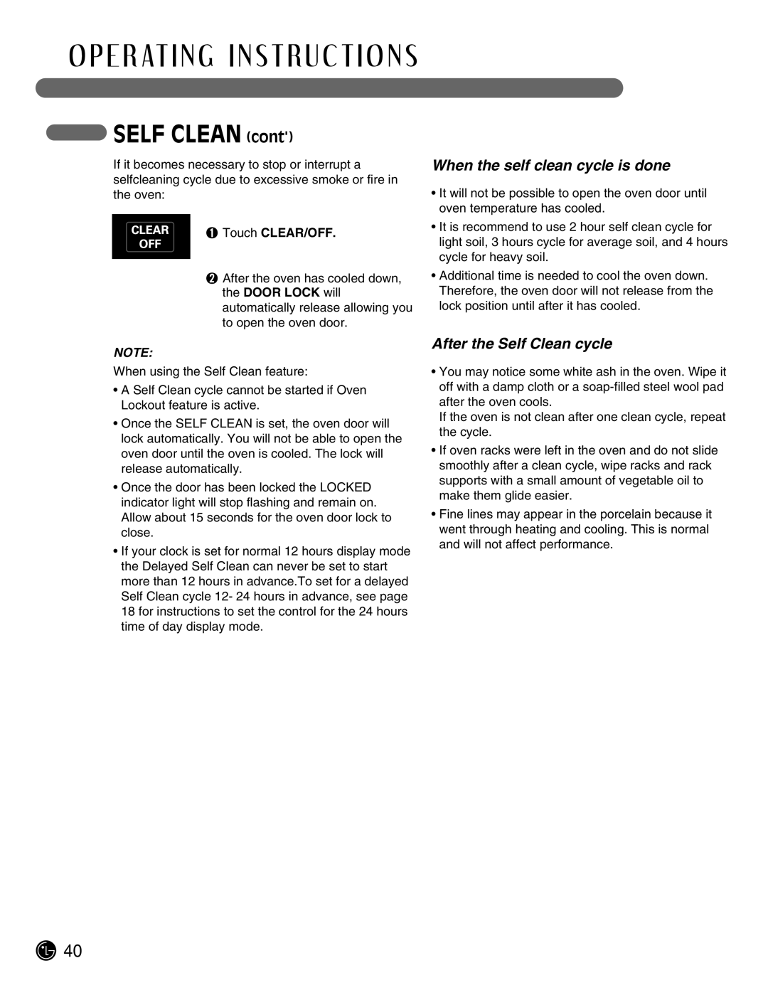 LG Electronics LSE3092ST manual When the self clean cycle is done, After the Self Clean cycle, Touch CLEAR/OFF 