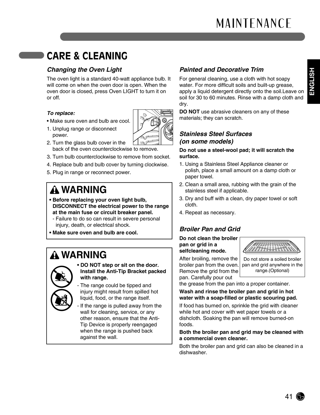 LG Electronics LSE3092ST manual I N T E N a N C E, Care & Cleaning 