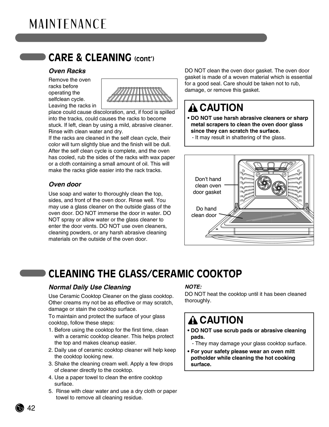 LG Electronics LSE3092ST manual Care & Cleaning, Cleaning the GLASS/CERAMIC Cooktop, Oven Racks, Oven door 