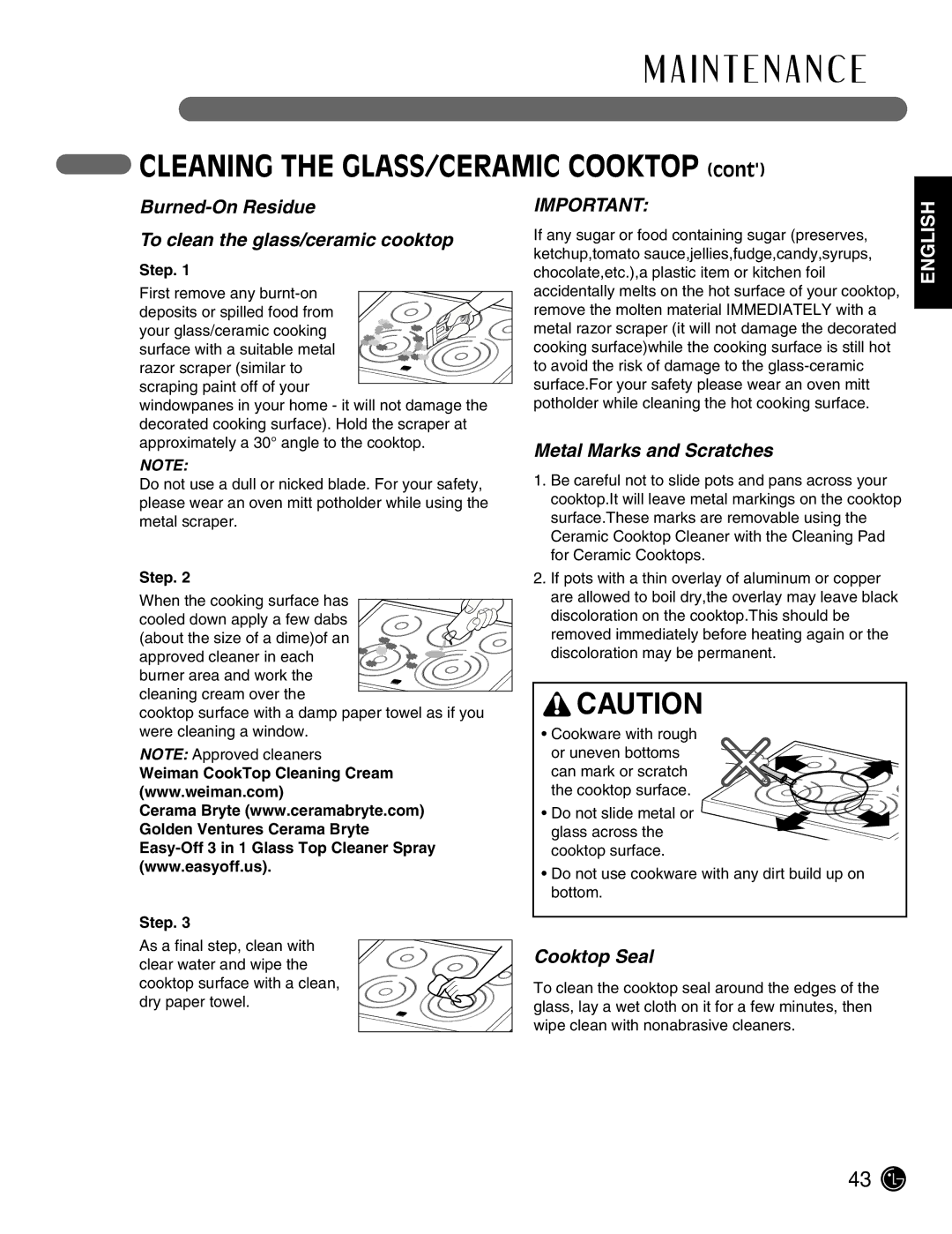 LG Electronics LSE3092ST Cleaning the GLASS/CERAMIC Cooktop, Burned-On Residue, Metal Marks and Scratches, Cooktop Seal 