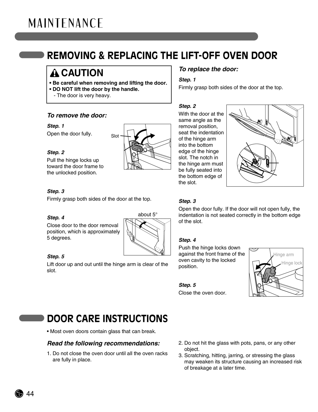 LG Electronics LSE3092ST manual Removing & Replacing the LIFT-OFF Oven Door, To replace the door, To remove the door 